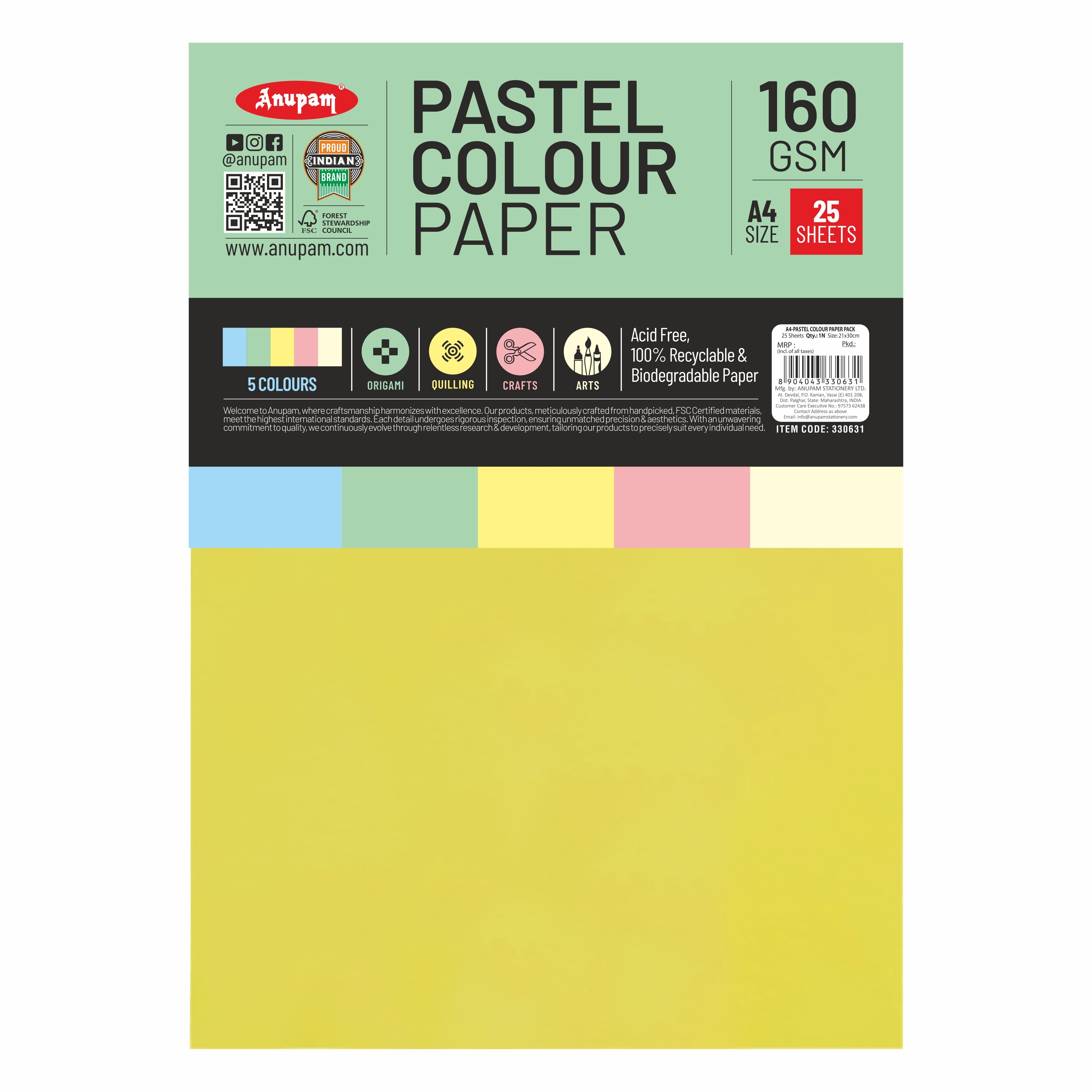 Anupam Colour Paper Pastel Shades 5 colour - 160 GSM Pack